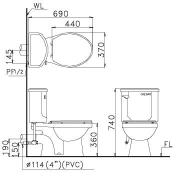 kích thước Bồn cầu 2 khối Caesar CPT1332