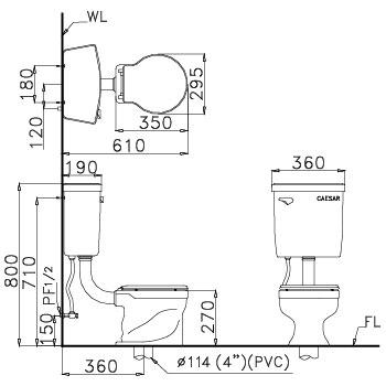 kích thước Bồn cầu 2 khối Caesar CT1026