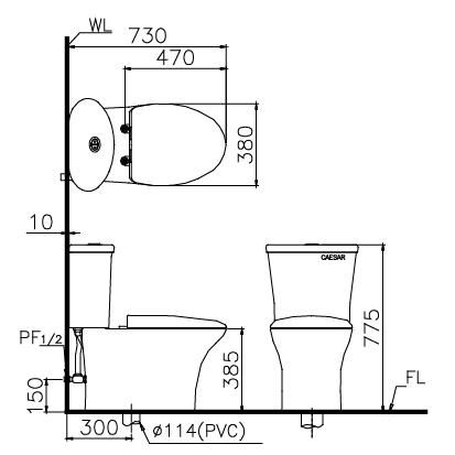 Bản vẽ kỹ thuật bồn cầu 2 khối Caesar CD1341