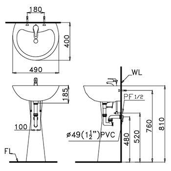 Bản vẽ kỹ thuật chậu rửa mặt Lavabo Caesar chân dài L2150-P2440
