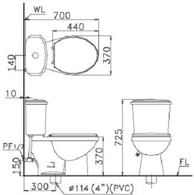 kích thước Bồn cầu 2 khối Caesar CT1338
