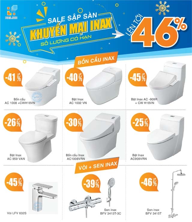 Giảm giá kịch sàn tới 45% thiết bị vệ sinh Inax